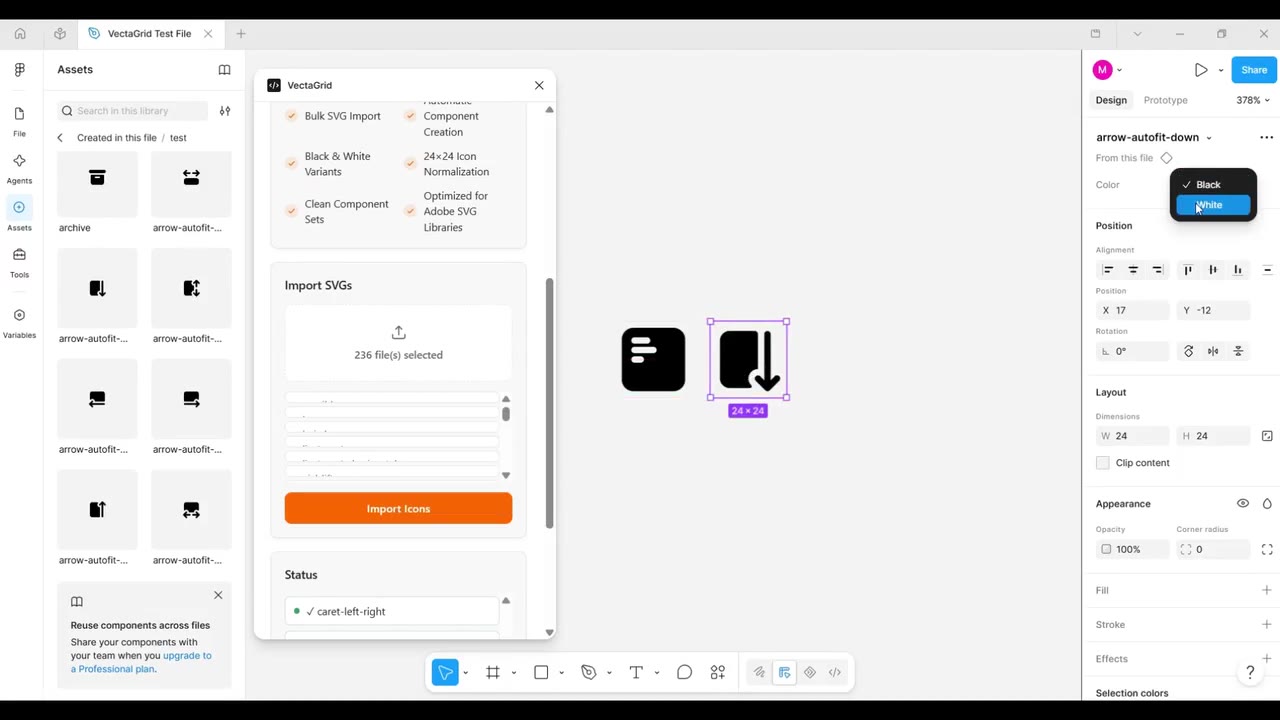 An icon's Color variant property switching from Black to White in Figma