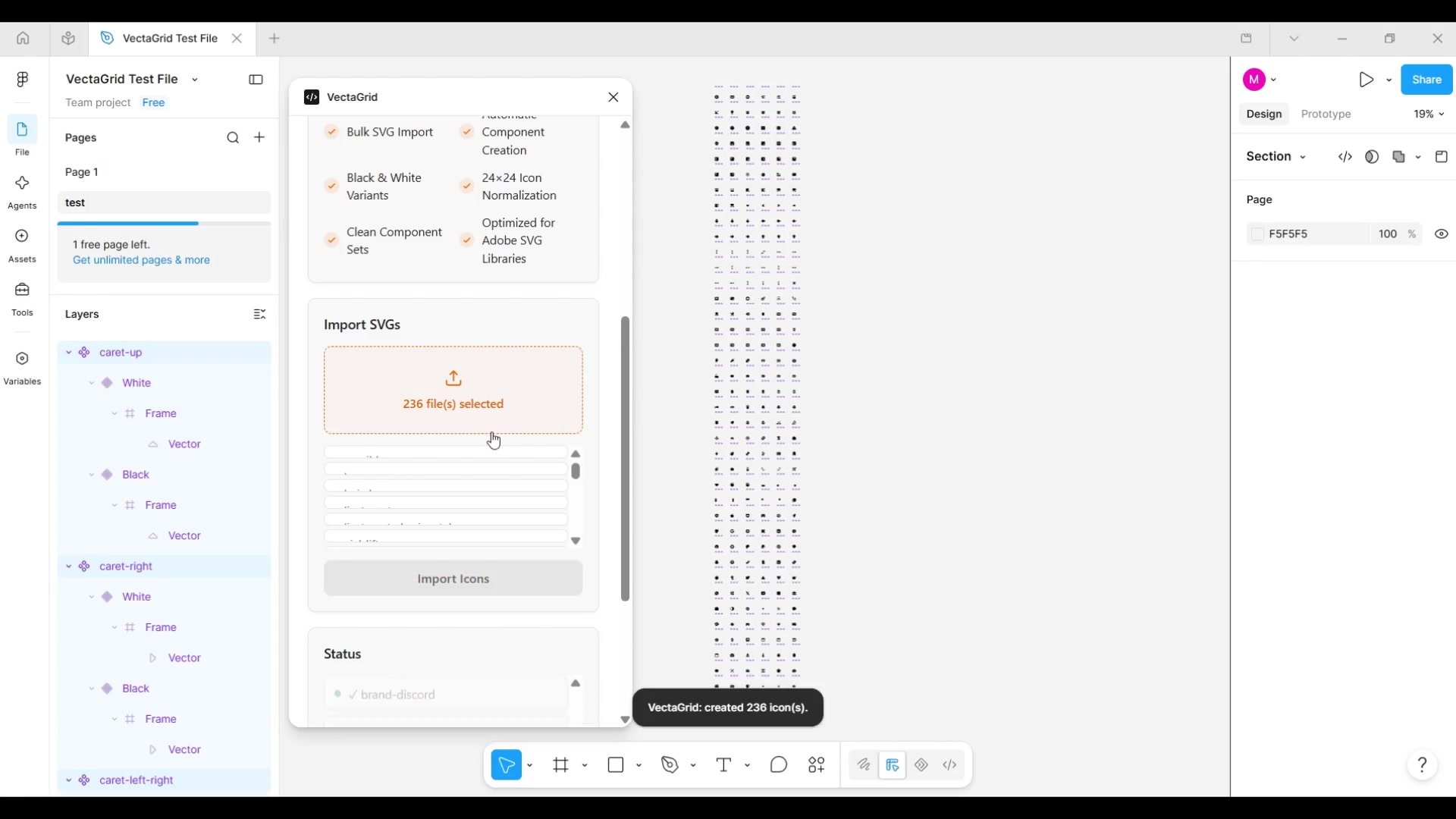 Selecting SVG files, clicking Import Icons, and the resulting component grid appearing on the canvas